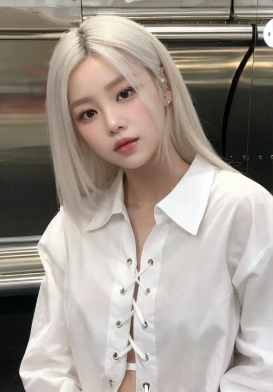 a close up of a person wearing a white shirt and jeans, her hair is white, white hime cut hairstyle, with white long hair, with long white hair, roseanne park of blackpink, pale hair, perfect white haired girl, girl with white hair, white hair color, korean girl, white - blond hair, flowy white grey hair, flowing white hair