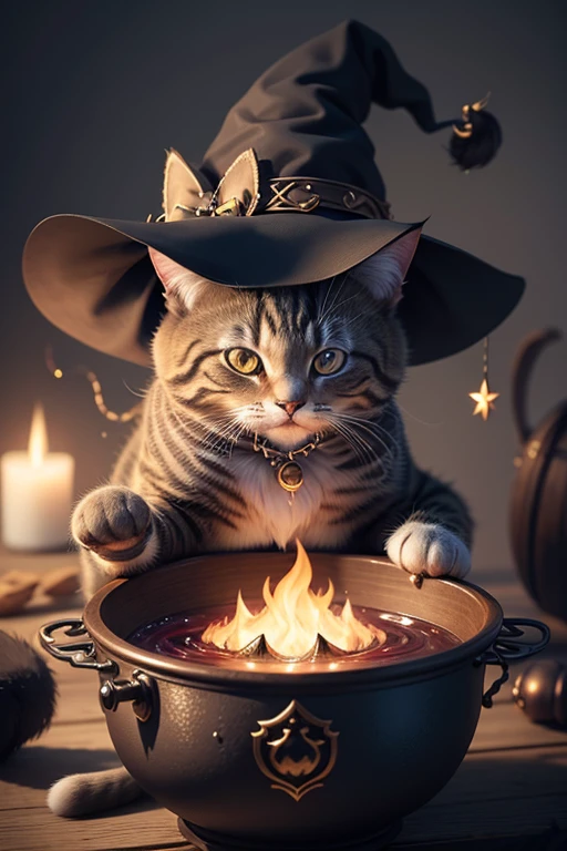 a cg render of a cute cat with a witch hat, animal, cute, magic, magical, no_humans, witch's cauldron, beautiful furr, four paws, glow, 4k, (Delicate images), (Highly detailed), (high resolution), (Best quality), (masterpiece)