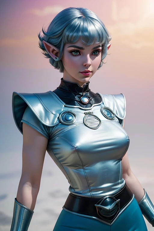 (Best quality, ultra realistic) 8k, retro futuristic look, dream aesthetic, dream atmosphere, 1 tall elf girl, beautiful cute elf girl, gothic makeup, light cyan_eyes, bright Eyes, flushed cheeks, (( hair color [Silver blonde hair], [pixie cut with bangs] hair)), earrings, lips, short sleeve, realistic, proportional waist, charming, colorful makeup, long eyelashes, very white skin, pale skin, clear skin, delicate body, natural breasts, proportional waist, hot hips, hot legs, natural tall body (cute), (cute face), Detailed eyes, Detailed iris, dream aesthetics, retro futurism aesthetic.