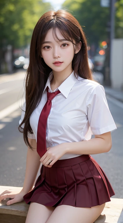 (table top, highest quality:1.2), 8K, 18-year-old, 85mm, official art, Raw photo, absurd, white dress shirt, cute face, close, Upper body, violaces, gardenia, beautiful girl, , cardigan、 (navy pleated skirt:1.1), Cinch West, thighs thighs thighs, short sleeve, hair above one eye、in the street, looking at the viewer, no makeup, (smile:0.6), film grain, chromatic aberration, sharp focus, face light, clear lighting, teen, detailed face, background bokeh, (dark red tie:1.1)、medium breasts