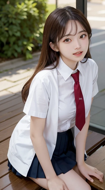 (table top, highest quality:1.2), 8K, 18-year-old, 85mm, official art, Raw photo, absurd, white dress shirt, cute face, close, Upper body, violaces, gardenia, beautiful girl, , cardigan、 (navy pleated skirt:1.1), Cinch West, thighs thighs thighs, short sleeve, hair above one eye、in the street, looking at the viewer, no makeup, (smile:0.6), film grain, chromatic aberration, sharp focus, face light, clear lighting, teen, detailed face, background bokeh, (dark red tie:1.1)、medium breasts