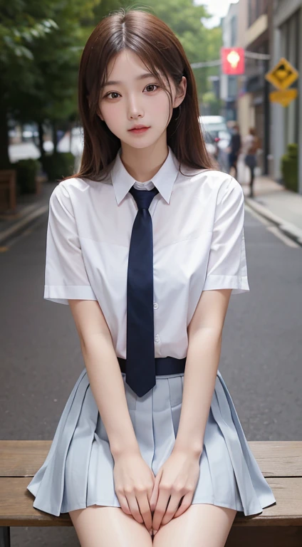 (table top, highest quality:1.2), 8K, 18-year-old, 85mm, official art, Raw photo, absurd, white dress shirt, cute face, close, Upper body, violaces, gardenia, beautiful girl, , cardigan、 (navy pleated skirt:1.1), Cinch West, thighs thighs thighs, short sleeve, hair above one eye、in the street, looking at the viewer, no makeup, (smile:0.6), film grain, chromatic aberration, sharp focus, face light, clear lighting, teen, detailed face, background bokeh, (dark red tie:1.1)、medium breasts