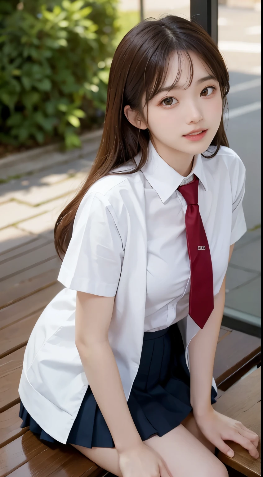 (table top, highest quality:1.2), 8K, 18-year-old, 85mm, official art, Raw photo, absurd, white dress shirt, cute face, close, Upper body, violaces, gardenia, beautiful girl, , cardigan、 (navy pleated skirt:1.1), Cinch West, thighs thighs thighs, short sleeve, hair above one eye、in the street, looking at the viewer, no makeup, (smile:0.6), film grain, chromatic aberration, sharp focus, face light, clear lighting, teen, detailed face, background bokeh, (dark red tie:1.1)、medium breasts