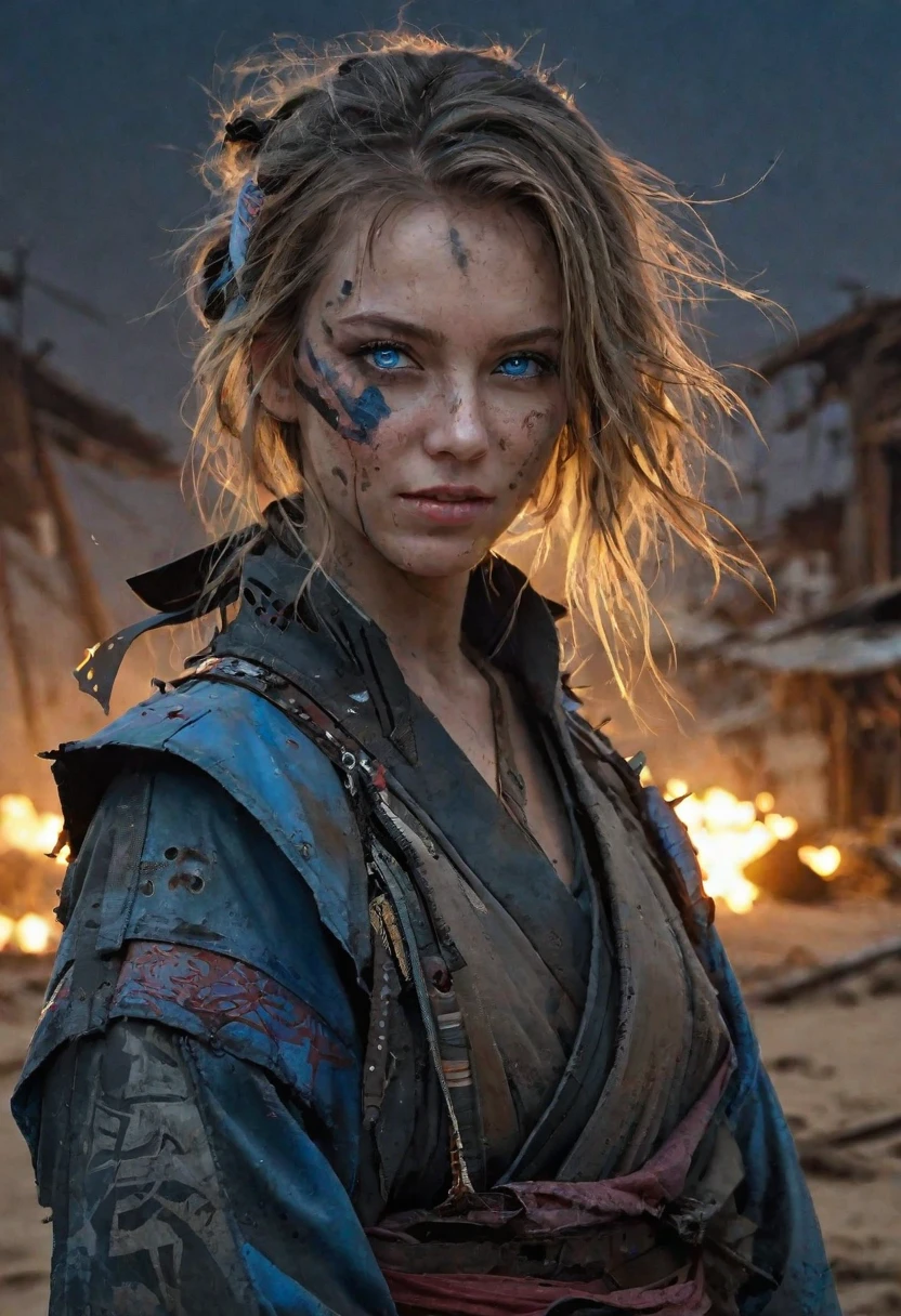 One girl, hyperdetail. Night, blue eyes, evil grin. Darkness. A torn coat with elements of samurai armor, dirt on clothes, neckline, bandages, epic pose. Post-apocalypse. Desert abandoned city, garbage, sand. Dark. Detailed eyes, highly detailed facial features, perfect anatomy, centered, close to perfection, dynamic, high detail, artstation, concept art, smooth, sharp focus, Watercolor, trending on artstation, sharp focus, studio photo, intricate details, highly detailed, by greg rutkowski