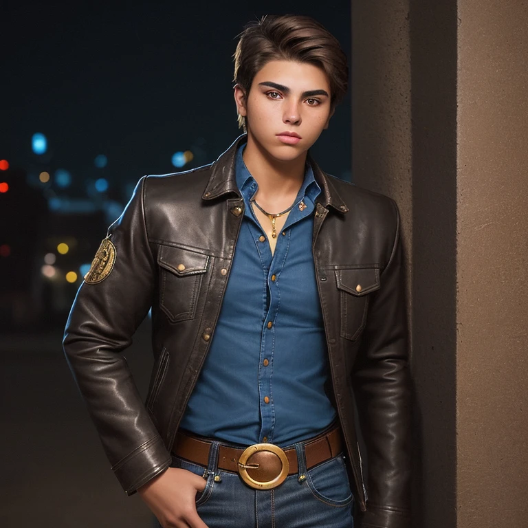 A 20-year-old boy with brown hair, open Native American jacket, blue shirt, black leather jeans, belt with gold buckle, looking straight at the viewer in. Fondo de nueva Orleans de noche 