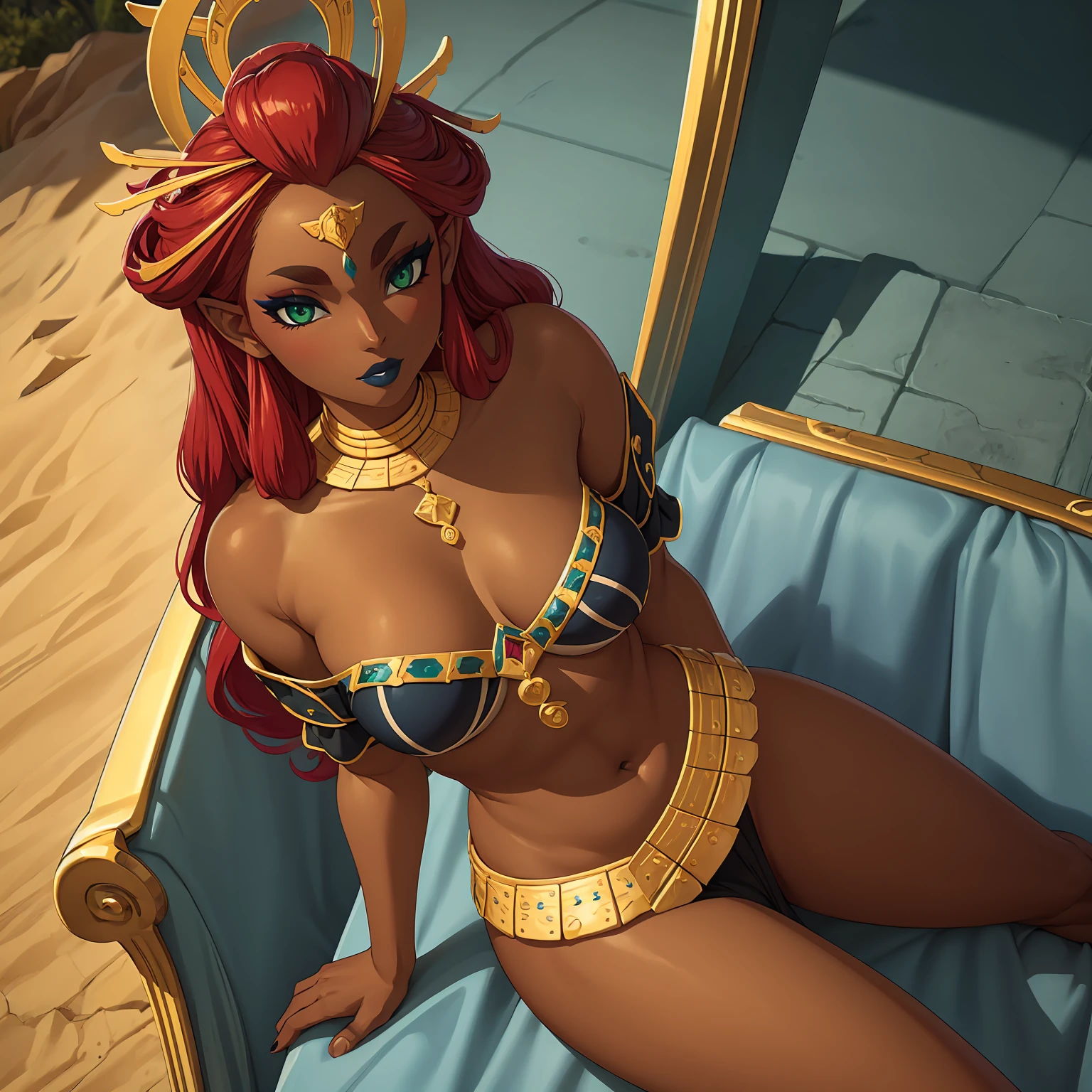 ((high detailed, best quality, 4k, masterpiece, hd:1.3)), ((best quality)), (((HD))), (((8k))), (ultraDH), (ultra HD), green eyes, BREAK green eyes, seductive, attractive, smooth anime cg art, 36C breasts, long legs, vivid colors, slim body, perfect skin, red hair, long hair, light hair, red hair, BREAK crown, looking at viewer, BREAK looking at viewer, extremely detailed face, earrings, gem, dark blue makeup lips, dark gothic eyeshadows, dark eyeshadows, white eyeshadows, blue sexy lips, dark lips, very dark lips, (perfect hands, perfect anatomy), light makeup, blue medium lips, blue thick lips, detailed fingers, five fingers per hand, 5 fingers, (1 girl), detailed lips, detailed blue lips, blue painted lips, gothic painted lips, (arms outstreched:1.2), (from above:1.1), (breasts out:1.3), (off shoulder:1.1), (((desert))), full body, walk for desert, sexy long legs