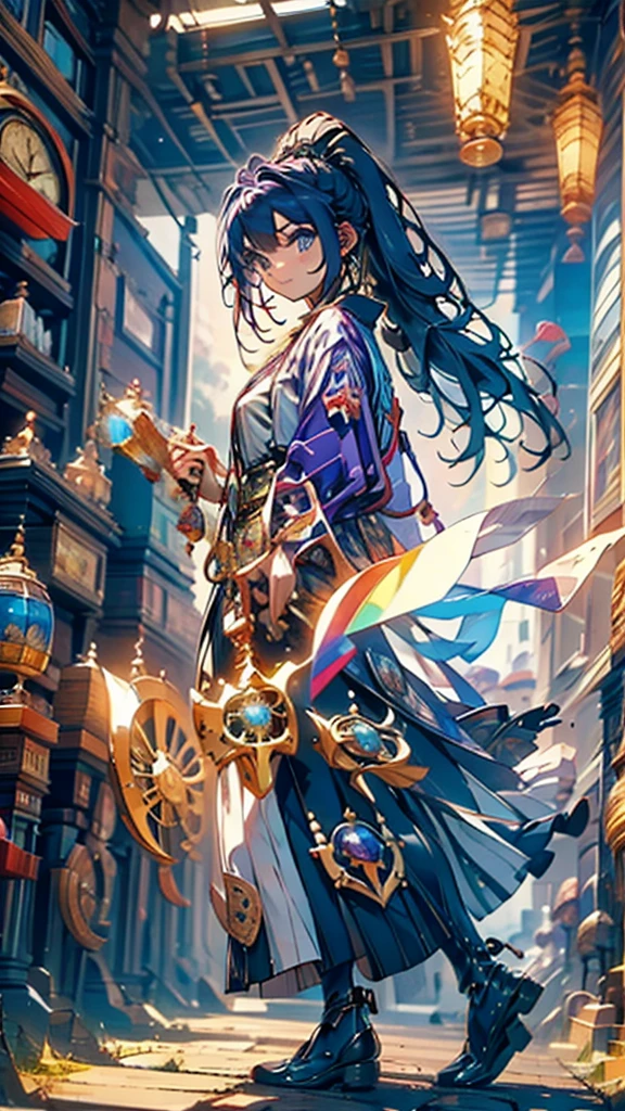 highest quality,((highest quality)),((table top)),((perfect face)),become familiar with５Two finger hand,1 girl,(background blur), ((holographic)),1 girl,milky way, (stripes of light), impressive visuals, (dynamic streak, path of light:1.2), bright colors,Diavel Star,full body,dynamic pose,purple eyes,purple hair,ponytail