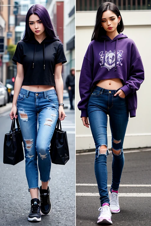 Vry very long hair,purple,aquablue eyes,detailed fface,wearing a black baggy rogged jeans with a black crop hohoodie,with black bootlikesneakers