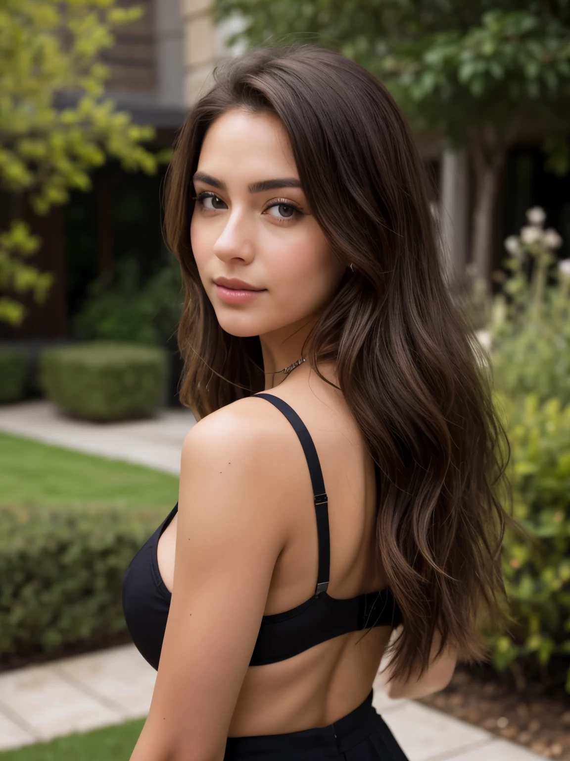 A 23-year-old brunette woman, ((pechos grandes)), ((hiperrealismo)) ,. brunette hair with light brown roots. cabello rubio, Hair with brown roots, cabello extra largo, cabello muy largo, really long hair, Beautiful, Front view, selfie, photo taken with iPhone, elegant black shirt with escote, escotada, selfie in the garden, high quality, selfie iPhone, cleavage