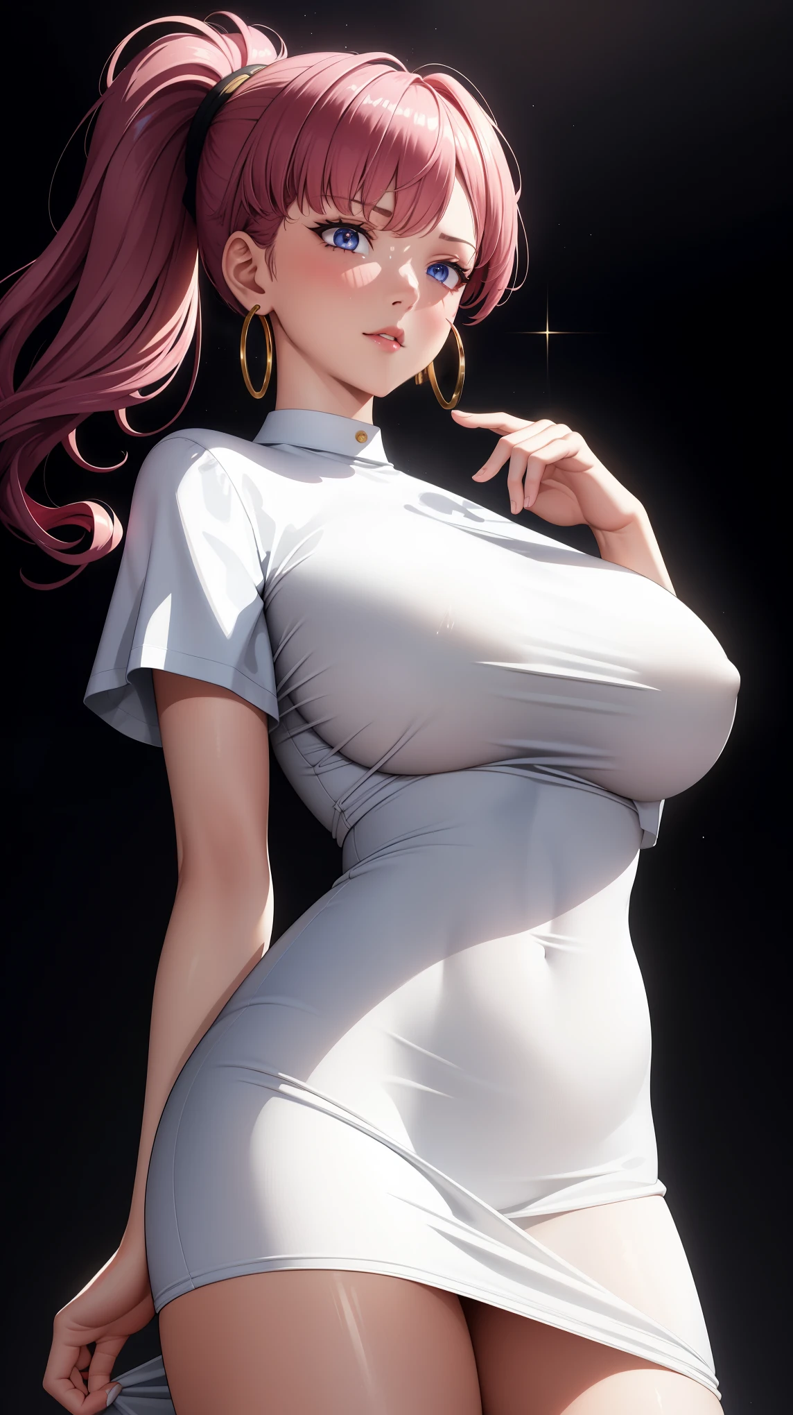 (best quality:1.5, highres, UHD, 4K, detailed lighting, shaders), white curly floral haired, gradient hair, large breasts, suit, T-shirt, social shirt, short skirt, mature woman , (pov), white background, colorful eyeshadow, dramatic lighting, sparkling eyes, sensual expression, golden earrings, flowing hair, delicate facial features, white skin, high cheekbones, urban setting, black background, dont look for the camera, lean forward,  behind  the camera
