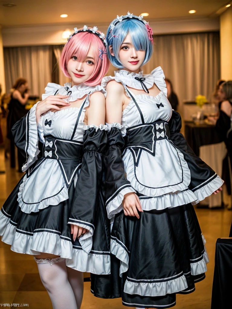 (8K, Photorealistic, Raw photo, of the highest quality: 1.3), (1girl in), Super beautiful, (Realistic face), (boyish, pink Color Berry Shorthair), Beautiful , Glare that captivates the viewer, Beautiful expression, Beautiful breasts, (Realistic skin), Be...Create a detailed and colorful image of Ram and Rem from Re:Zero, standing back-to-back in their maid outfits, with a magical fantasy background、14years old, two girls,cute, perfect face, beautiful, nice body, gothic lolita clothes, gothic lolita fashion, frilly skirt, headdress, necklace, bracelet, knee-high socks, boots, double eyelids, tear bags, Detailed down to the fingers, photo-like description, indoors, dim indoor lighting, one girl is pink hair and short bob, another girl is light blue hair and short bob,standing, sexy posing,whole body, composition that shows the whole body, smiling,The Both of them are wearing the same type of maid outfit