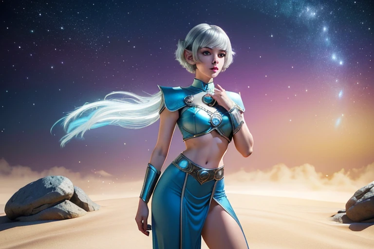 (Best quality, ultra realistic) 8k, retro futuristic look, dream aesthetic, dream atmosphere, 1 tall elf girl, beautiful cute elf girl, gothic makeup, light cyan_eyes, bright Eyes, flushed cheeks, (( hair color [Silver blonde hair], [pixie cut with bangs] hair)), earrings, lips, short sleeve, realistic, proportional waist, charming, colorful makeup, long eyelashes, very white skin, pale skin, clear skin, delicate body, natural breasts, proportional waist, hot hips, hot legs, natural tall body (cute), (cute face), Detailed eyes, Detailed iris, dream aesthetics, retro futurism aesthetic.