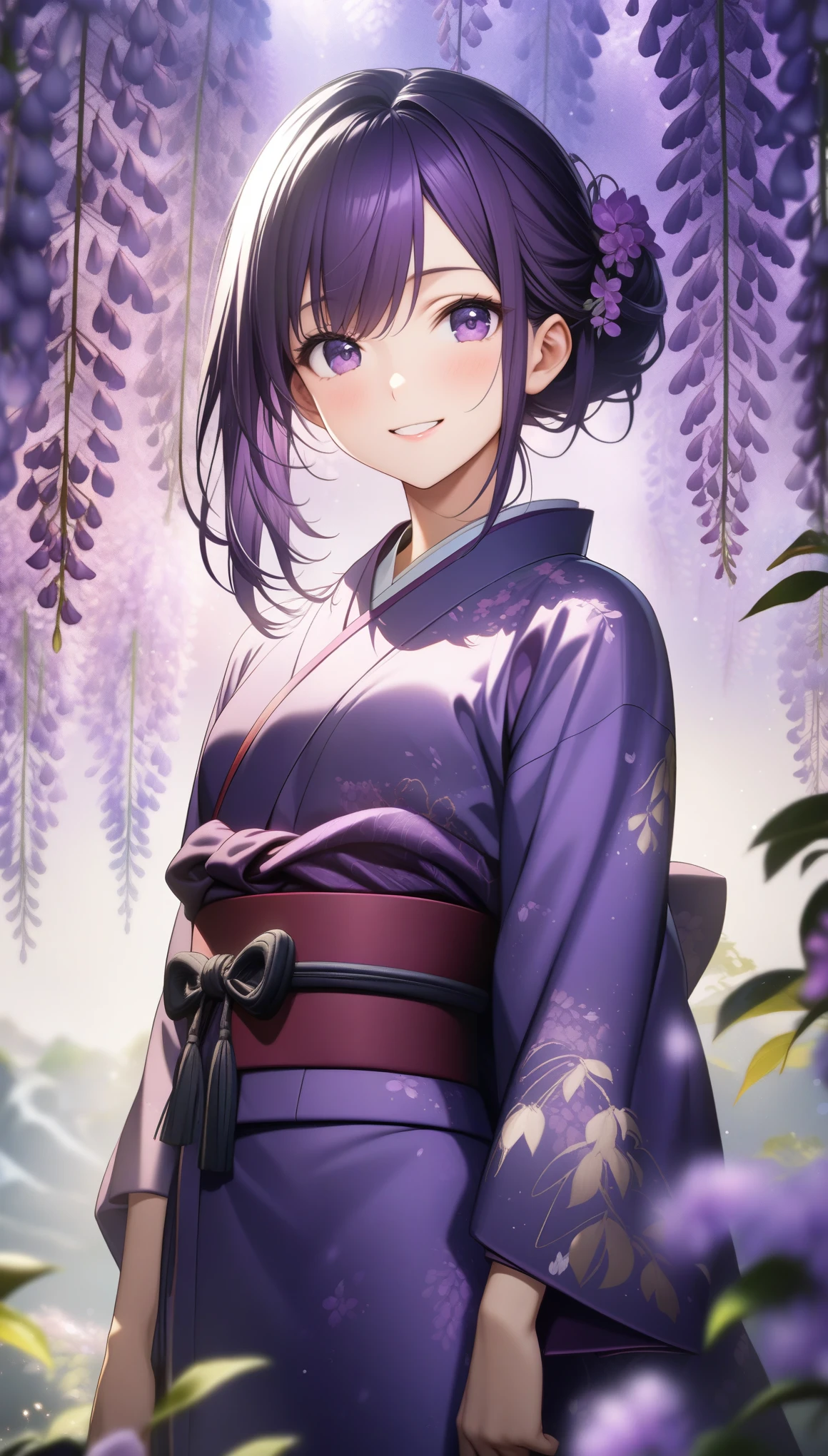 32k, best quality, ultra high res, HDR, UHD, extremely detailed CG, unity 32k wallpaper, (((hight quality))), (((high-level image quality))), ((smile)), (((hight quality wisteria flowers background))), (((purple hair))), (((purple eyes))), (((18 years old))), (((illustration))), (((purple light particles))), (((purple kimono))), (((purple Japanese clothes))),