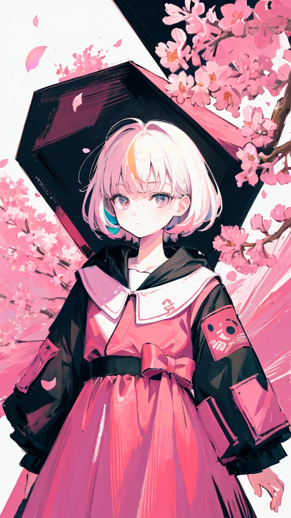 (shape: giant gram), (flat color:0.9),(colorful:1.1),(masterpiece:1,2), highest quality, masterpiece, High resolution, original, highly detailed wallpaper, looking at the viewer,,,1 girl,alone,Basquiat style,cherry blossoms,White background Pink, white and black only