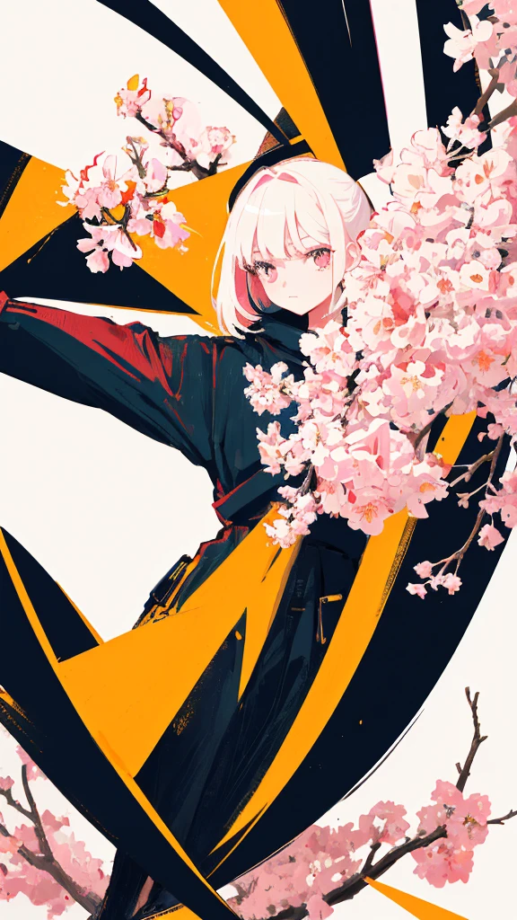 (shape: giant gram), (flat color:0.9),(colorful:1.1),(masterpiece:1,2), highest quality, masterpiece, High resolution, original, highly detailed wallpaper, looking at the viewer,,,1 girl,alone,Basquiat style,cherry blossoms,White background Pink, white and black only