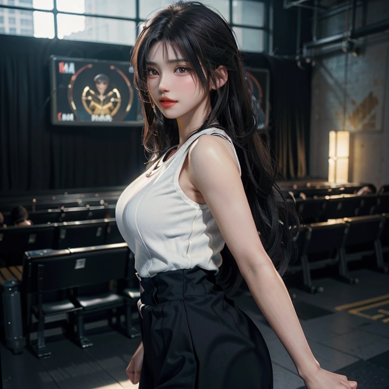 Cyberpunk 2077, (Best quality, High resolution, Masterpiece :1.3), A tall and pretty woman, Slender abs, long hair styled in loose waves, Breasts, Wearing pendant, White button up shirt, Belt, Black skirt, (Modern architecture in background), Details exquisitely rendered in the face and skin texture, Detailed eyes, Double eyelid full body, (long shot full body view:1.1)