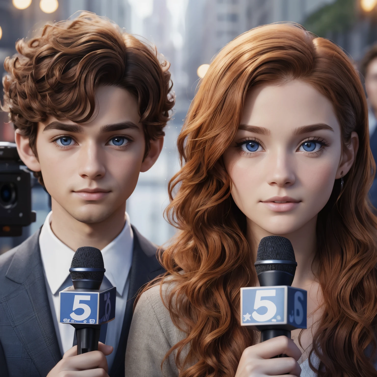 A hyper realistic image of a young man with curly brown hair with brown eyes holding a reporting microphone on a news set next to a redhead girl with long hair, blue eyes and holding a report microphone looking both at the invisible camera in front of them very realistic