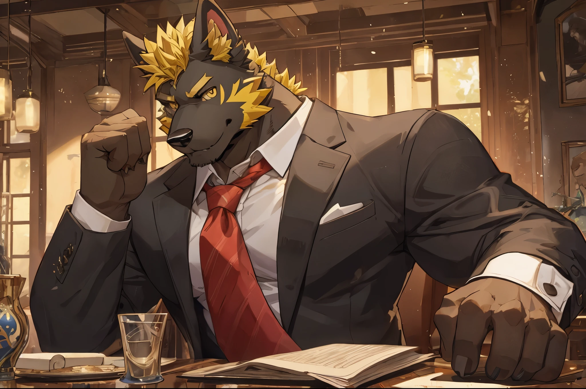 ((best quality)), ((masterpiece)), (detailed), perfect face, bara furry, dog man, big body, black skin, short quiff yellow hair, yellow eyes, perfect eyes, big dog ears, handsome, at , tie
