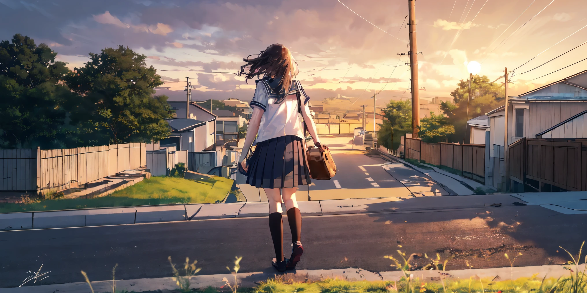 -blues, 1girl, solo, outdoors, cloud, sky, skirt, , socks, scenery, white socks, sign, grass, shoes, bag, standing, serafuku, kneehighs, from behind, shirt, cloudy sky, road sign, signature, sailor collar, wide shot, sunset, white shirt, utility pole, black skirt, black hair, pleated skirt, brown hair, facing away, short sleeves, power lines