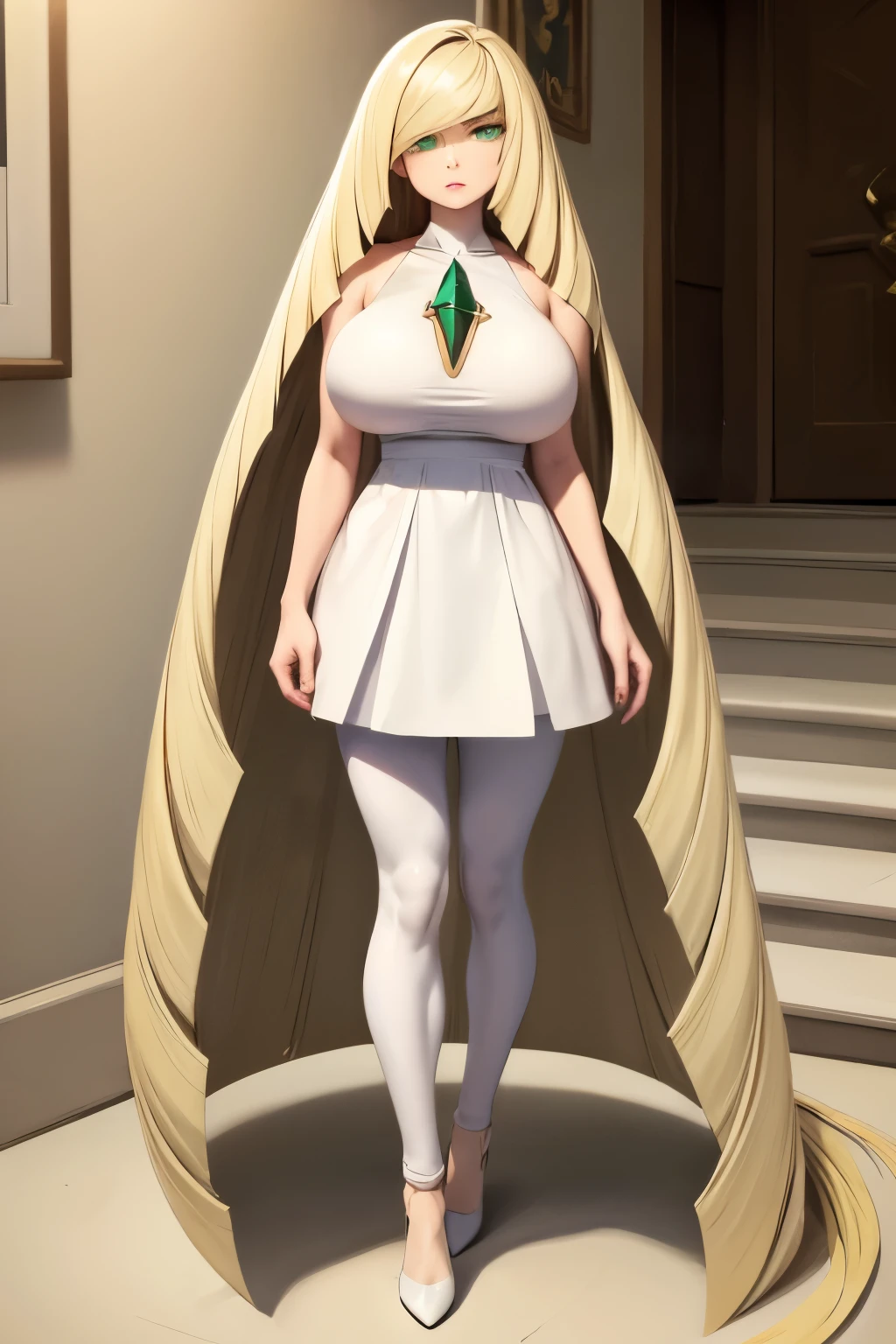 ((best quality)), ((highly detailed)), masterpiece, absurdres, (detailed eyes, deep eyes), (1girl), full body shot, Lusamine, blondde hair, ((absurdly long hair:1.3)), hair on ground, green eyes, medium breasts, (white dress), sleeveless dress, green gemstone, white leggings, high heels, white footwear, (indoors, on a stairway), sideboob