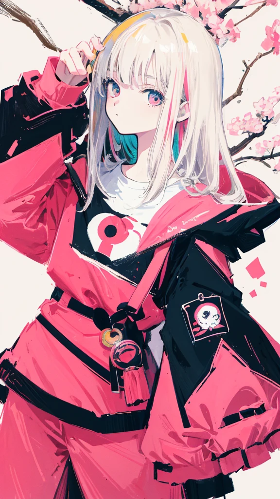 (shape: giant gram), (flat color:0.9),(colorful:1.1),(masterpiece:1,2), highest quality, masterpiece, High resolution, original, highly detailed wallpaper, looking at the viewer,,,1 girl,alone,Basquiat style,cherry blossoms,White background Pink, white and black only
