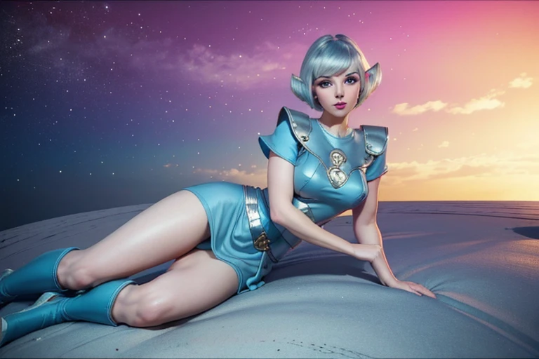 (Best quality, ultra realistic) 8k, retro futuristic look, dream aesthetic, dream atmosphere, 1 tall elf girl, beautiful cute elf girl, gothic makeup, light cyan_eyes, bright Eyes, flushed cheeks, (( hair color [Silver blonde hair], [pixie cut with bangs] hair)), earrings, lips, short sleeve, realistic, proportional waist, charming, colorful makeup, long eyelashes, very white skin, pale skin, clear skin, delicate body, natural breasts, proportional waist, hot hips, hot legs, natural tall body (cute), (cute face), Detailed eyes, Detailed iris, dream aesthetics, retro futurism aesthetic.