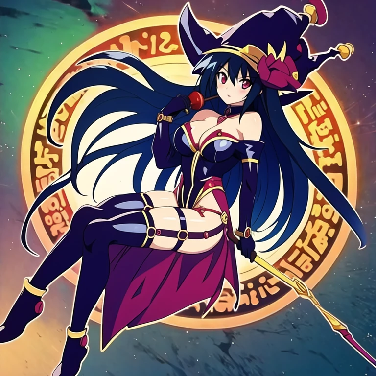 (masterpiece, best quality:1.2), 1girl, solo, long hair, black hair, thigh strap, body suit, straps, magic circle, red eyes, holding wand, black clothes, eyeliner, wizard hat, DMG of Chaos, full body