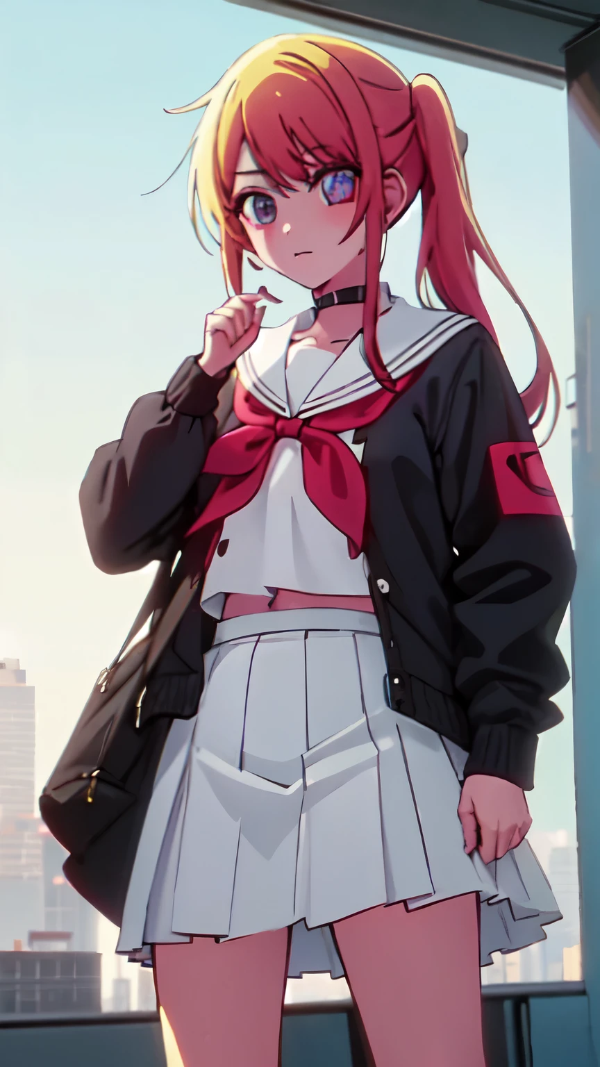 urban high school girl in shirt fanart, muted colors, matte print, pastel colors, ornate, digital art, digital painting, fan art, elegant, artstation, by Ilya Kuvshinov, ruby hoshino, side ponytail, long sleeves, , serafuku, sailor collar, neckerchief, cardigan, red neckerchief, white sailor collar, eft_oshi_ruby
