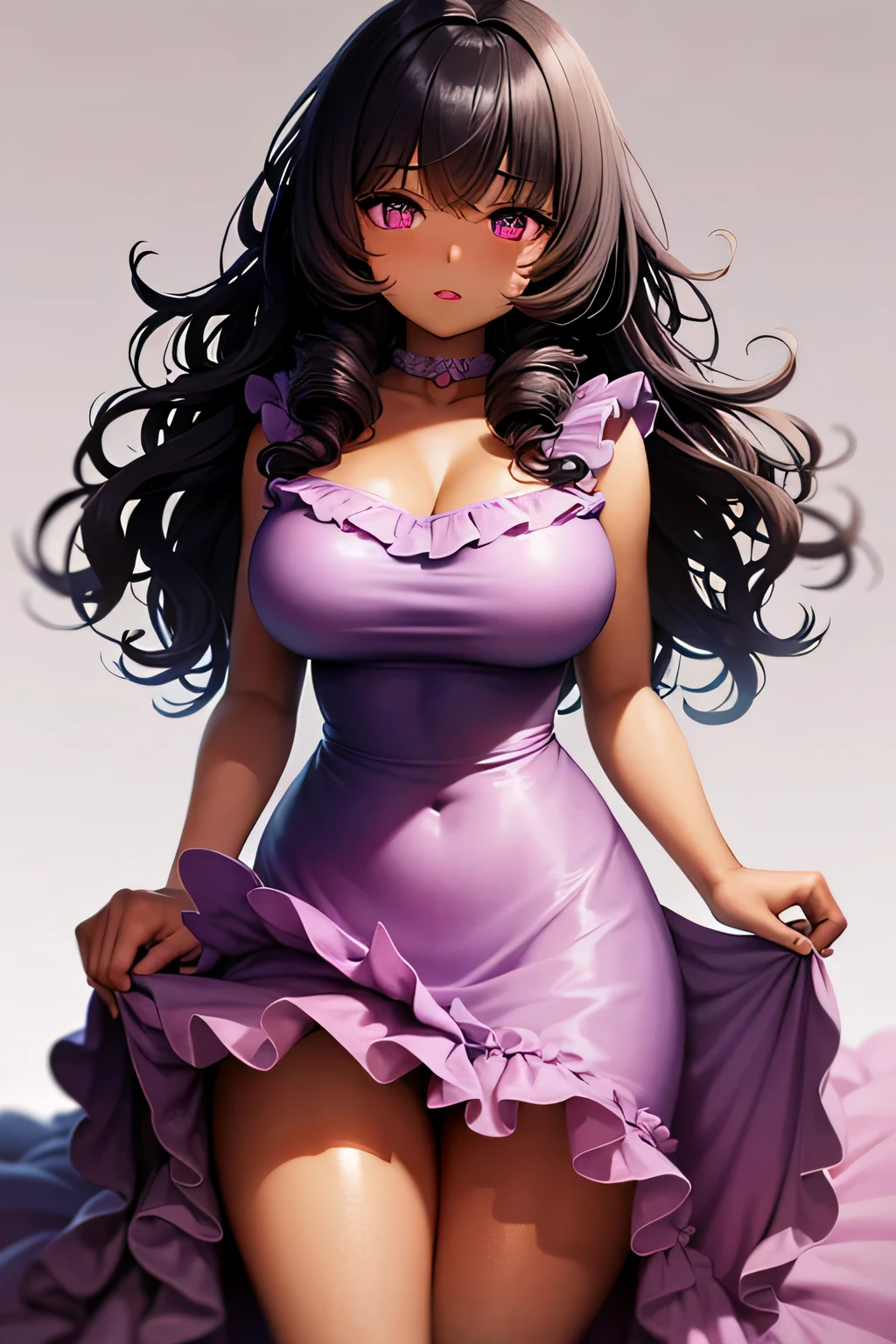 dark-skinned female, black hair, pink highlights, purple eyes, curly hair, mediumbreasts, semi-curvy body, lipgloss, big eyes, frilled dress