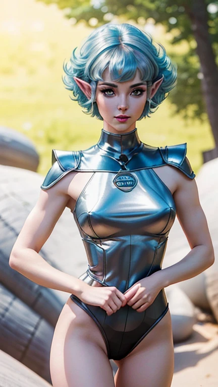 (Best quality, ultra realistic) 8k, retro futuristic look, dream aesthetic, dream atmosphere, 1 tall elf girl, beautiful cute elf girl, gothic makeup, light cyan_eyes, bright Eyes, flushed cheeks, (( hair color [Silver blonde hair], [pixie cut with bangs] hair)), earrings, lips, short sleeve, realistic, proportional waist, charming, colorful makeup, long eyelashes, very white skin, pale skin, clear skin, delicate body, natural breasts, proportional waist, hot hips, hot butt beside, hot legs, natural tall body (cute), (cute face), Detailed eyes, Detailed iris, dream aesthetics, retro futurism aesthetic.