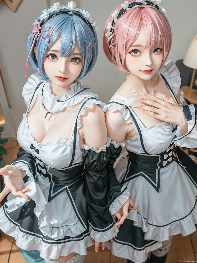 (8K, Photorealistic, Raw photo, of the highest quality: 1.3), (1girl in), Super beautiful, (Realistic face), (boyish, pink Color Berry Shorthair), Beautiful , Glare that captivates the viewer, Beautiful expression, Beautiful breasts, (Realistic skin), Be...Create a detailed and colorful image of Ram and Rem from Re:Zero, standing back-to-back in their maid outfits, with a magical fantasy background、14years old, two girls,cute, perfect face, beautiful, nice body, gothic lolita clothes, gothic lolita fashion, frilly skirt, headdress, necklace, bracelet, knee-high socks, boots, double eyelids, tear bags, Detailed down to the fingers, photo-like description, indoors, dim indoor lighting, one girl is pink hair and short bob, another girl is light blue hair and short bob,standing, sexy posing,whole body, composition that shows the whole body, smiling,The Both of them are wearing the same type of maid outfit,Optimal ratio of 4 fingers and 1 thumb