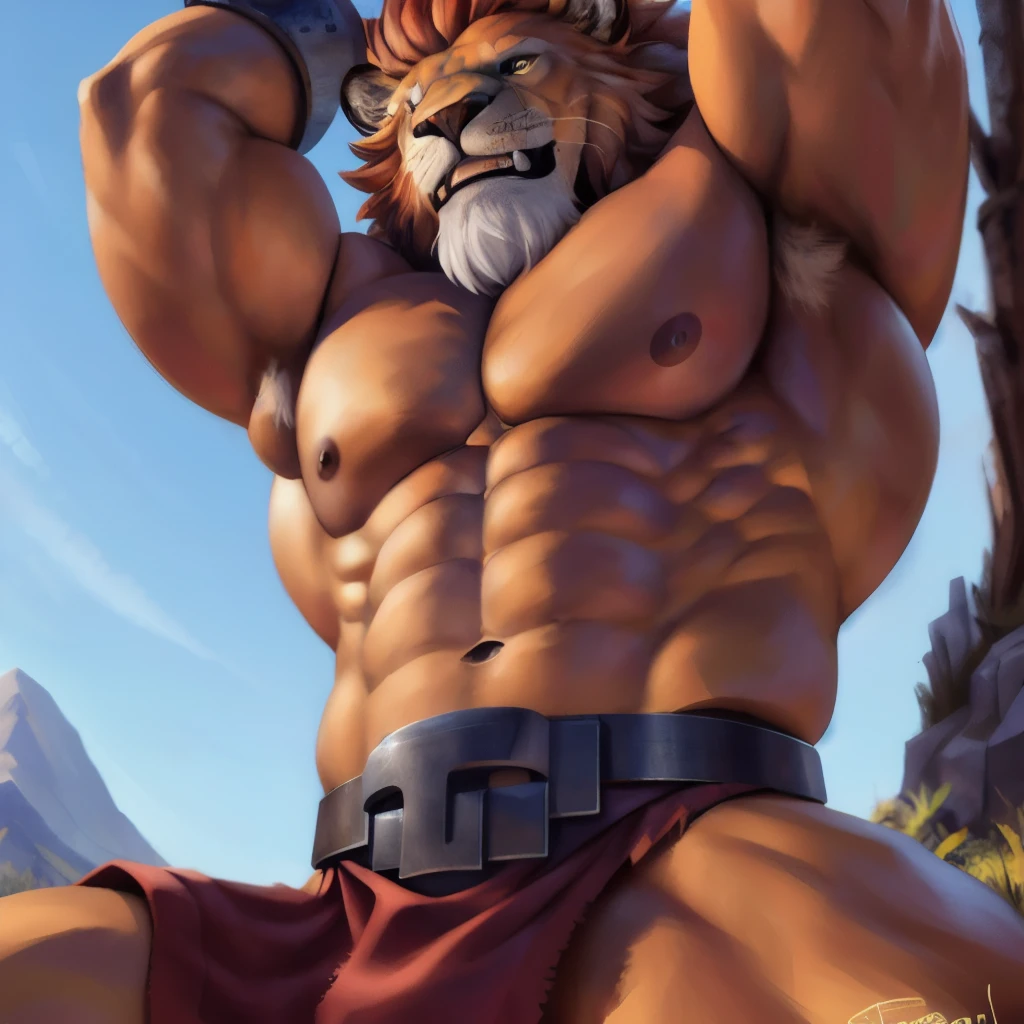 Lion, Leo red earth, red loincloth, male, adult, abs, big pecs, nipples, topless, full body shot, muscular, bodybuilder body, beefy, detailed face, confident face, enormous sqord, metal shackles, metal belt, big mane, bruteandbrawn, by personalami, by kenket, (intricate, high detail, film photography, soft focus, RAW candid cinema, photorealism, realistic, photorealistic, analog style, subsurface scattering, masterpiece, best quality, ultra realistic, 8k)