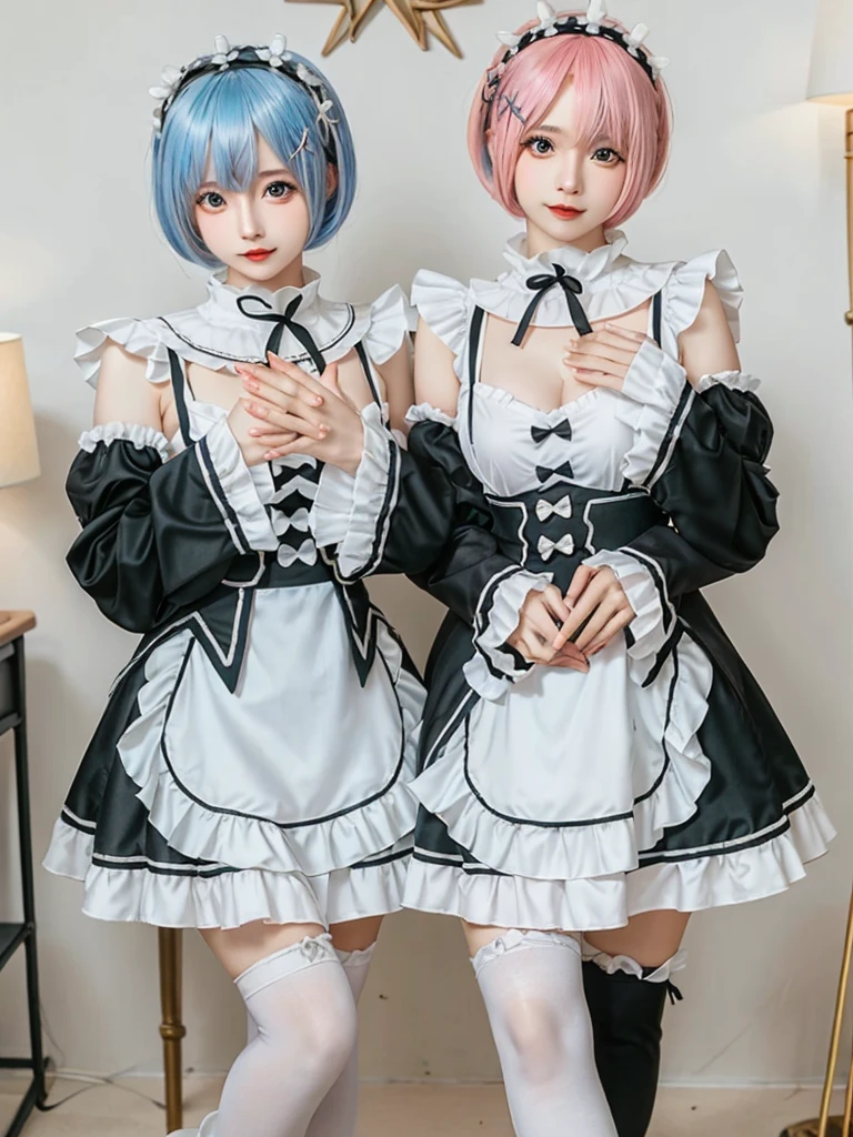 (8K, Photorealistic, Raw photo, of the highest quality: 1.3), (1girl in), Super beautiful, (Realistic face), (boyish, pink Color Berry Shorthair), Beautiful , Glare that captivates the viewer, Beautiful expression, Beautiful breasts, (Realistic skin), Be...Create a detailed and colorful image of Ram and Rem from Re:Zero, standing back-to-back in their maid outfits, with a magical fantasy background、14years old, two girls,cute, perfect face, beautiful, nice body, gothic ta clothes, gothic loliashion, frilly skirt, headdress, necklace, bracelet, knee-high socks, boots, double eyelids, tear bags, Detailed down to the fingers, photo-like description, indoors, dim indoor lighting, one girl is pink hair and short bob, another girl is light blue hair and short bob,standing, sexy posing,whole body, composition that shows the whole body, smiling,The Both of them are wearing the same type of maid outfit,Optimal ratio of 4 fingers and 1 thumb