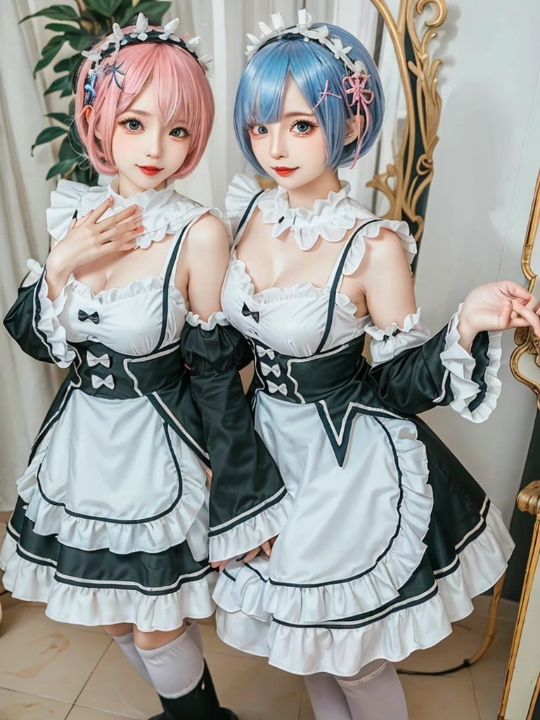 (8K, Photorealistic, Raw photo, of the highest quality: 1.3), (1girl in), Super beautiful, (Realistic face), (boyish, pink Color Berry Shorthair), Beautiful , Glare that captivates the viewer, Beautiful expression, Beautiful breasts, (Realistic skin), Be...Create a detailed and colorful image of Ram and Rem from Re:Zero, standing back-to-back in their maid outfits, with a magical fantasy background、14years old, two girls,cute, perfect face, beautiful, nice body, gothic lolita clothes, gothic lolita fashion, frilly skirt, headdress, necklace, bracelet, knee-high socks, boots, double eyelids, tear bags, Detailed down to the fingers, photo-like description, indoors, dim indoor lighting, one girl is pink hair and short bob, another girl is light blue hair and short bob,standing, sexy posing,whole body, composition that shows the whole body, smiling,The Both of them are wearing the same type of maid outfit,Optimal ratio of 4 fingers and 1 thumb