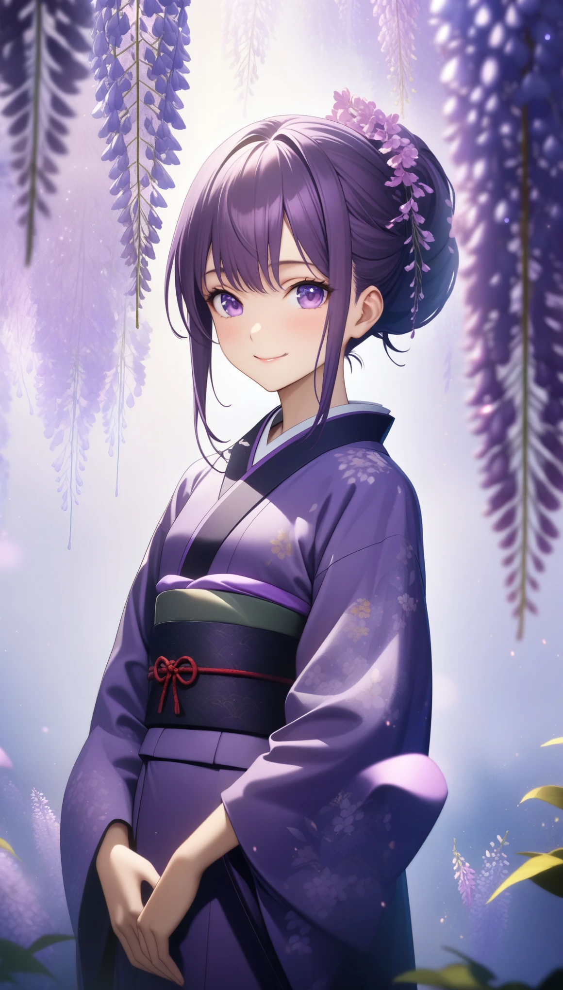32k, best quality, ultra high res, HDR, UHD, extremely detailed CG, unity 32k wallpaper, (((hight quality))), (((high-level image quality))), ((smile)), (((hight quality wisteria flowers background))), (((purple hair))), (((purple eyes))), (((18 years old))), (((illustration))), (((purple light particles))), (((purple kimono))), (((purple Japanese clothes))), 