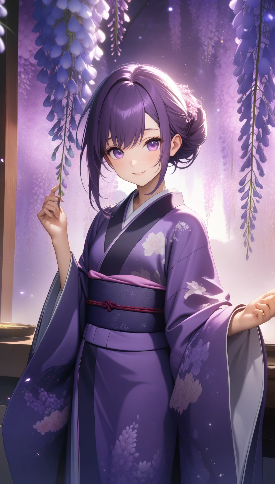 32k, best quality, ultra high res, HDR, UHD, extremely detailed CG, unity 32k wallpaper, (((hight quality))), (((high-level image quality))), ((smile)), (((hight quality wisteria flowers background))), (((purple hair))), (((purple eyes))), (((18 years old))), (((illustration))), (((purple light particles))), (((purple kimono))), (((purple Japanese clothes))),
