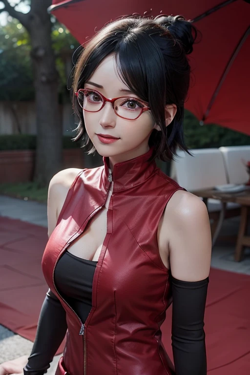 1girl, uchiha sarada in anime boruto, short hair, black hair, red eyes, smile, beautiful, sexy dress, sexy clothes, wear red glasses, red clothes, very big breast, realistic clothes, detail clothes, outdoor background, ultra detail, realistic