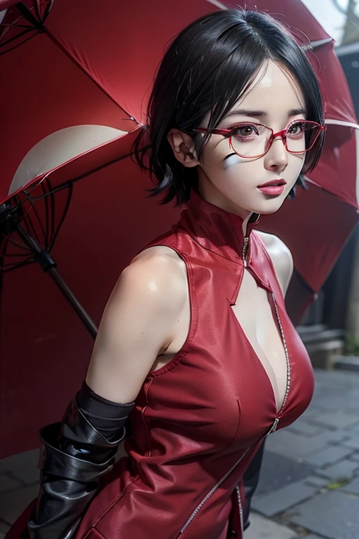 1girl, uchiha sarada in anime boruto, short hair, black hair, red eyes, smile, beautiful, sexy dress, sexy clothes, wear red glasses, red clothes, very big breast, realistic clothes, detail clothes, outdoor background, ultra detail, realistic