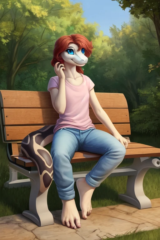 [Uploaded to DeviantArt] ((masterpiece)), best quality, 1girl, solo,  (Serbina, (snake, blue eyes) sitting on the bench, clothing, pants, (detailed background, 4k, 2k), smile shyly face, cute feet, feet size 80 centimeters