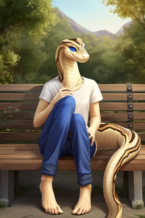 [Uploaded to DeviantArt] ((masterpiece)), best quality, 1girl, solo,  (Serbina, (snake, blue eyes) sitting on the bench, clothing, pants, (detailed background, 4k, 2k), smile shyly face, cute feet, feet size 80 centimeters