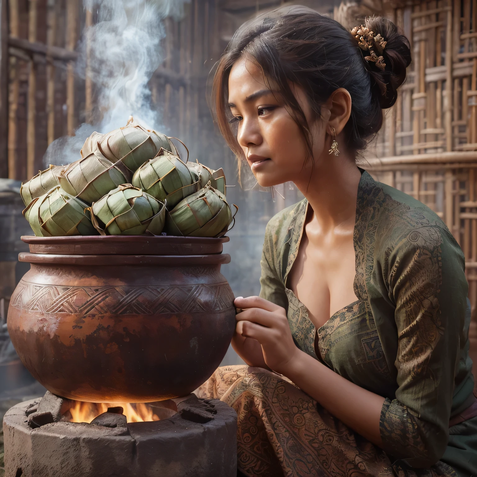 Realistic side view depiction of a beautifull Indonesian woman with a sad expression, cry, furrowed eyebrows see to the viewer. She is cooking brown Ketupat in an ancient wood-fired stove with an earthen base. On the stove, there is a large copper pot containing Ketupat. She is sitting in a green kebaya with brown batik clothes underneath. The background is a wall made of woven bamboo, white smoke from the stoove.