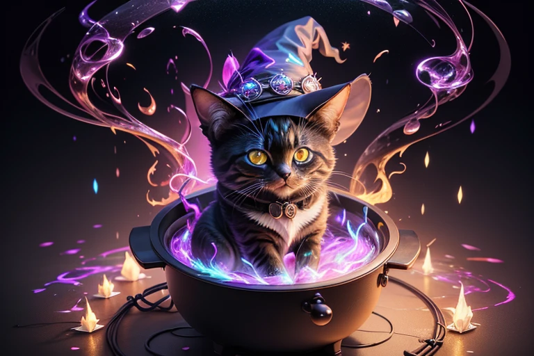 a cg render of a cute cat in a witch hat cooking in a witch cauldron, animal, 4k, cute, magic, magical, no_humans, beautiful fur, four legs,glow, 4k, (Abstract art:1.6), (Delicate images), (Highly detailed), (high resolution), (Best quality), (masterpiece)