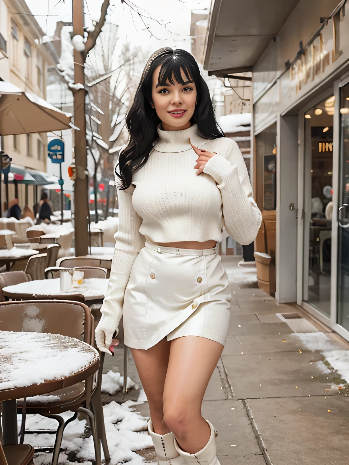 30 years old bettie page, makeup, olive skin, curly black hair (middle lenght), outside in front of the coffee shop , winter times, snow falling, daylight seductive smile, longest ever white leather trench , white wool sweater, high white boots, maxy wool skirt, white cloth gloves,