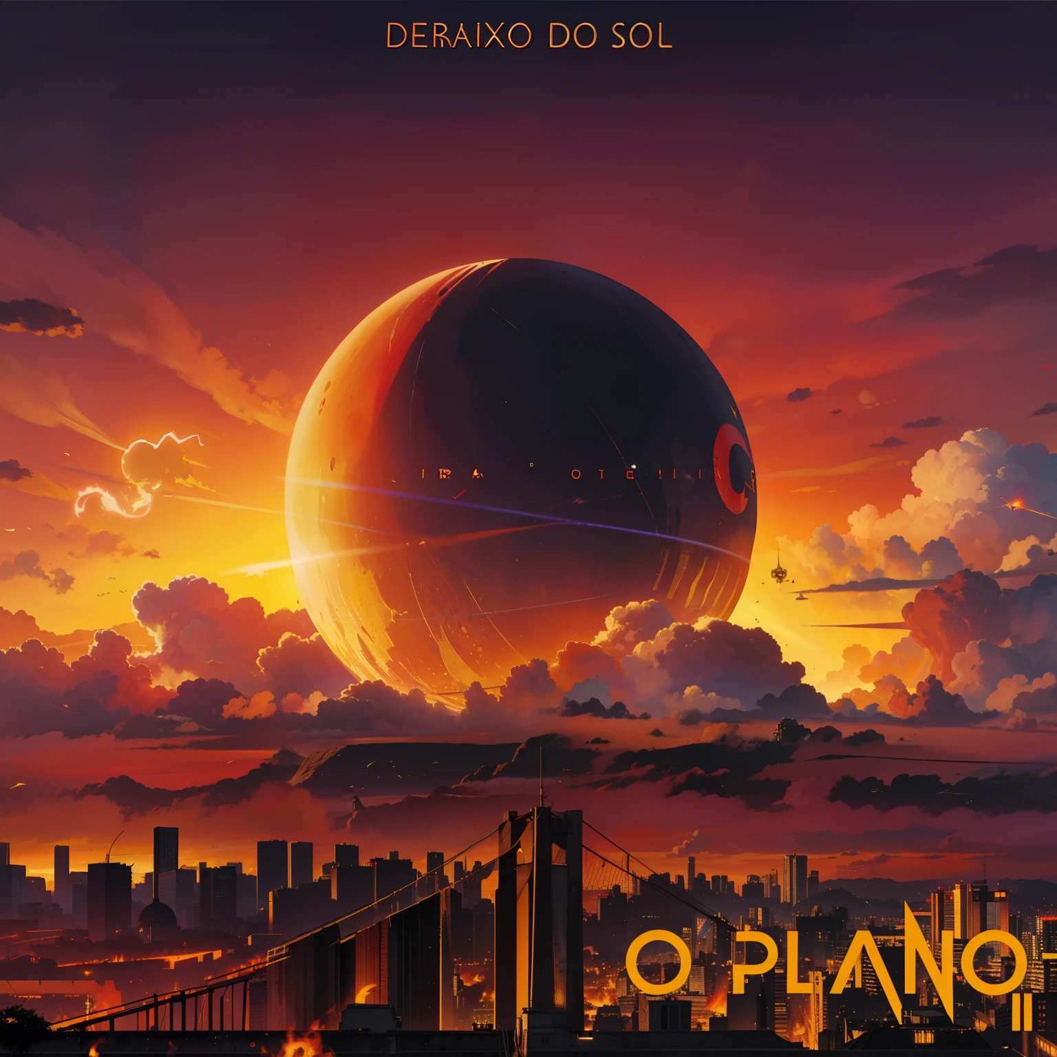 Recreate in a hyper realistic way and place flames in the background there is a large black ball floating over a burning city, photorealistic music album cover, album art for a trance DJ, São Paulo in the year 2 0 7 0, octane rendering, music album cover, album cover design, on a desolate plain, solarpunk metropolis, octane rendering, futuristic sao paulo, arte da capa do cd, nascer do sol sobre a cidade punk solar