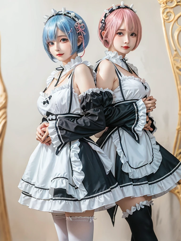 (8K, Photorealistic, Raw photo, of the highest quality: 1.3), (1girl in), Super beautiful, (Realistic face), (boyish, pink Color Berry Shorthair), Beautiful , Glare that captivates the viewer, Beautiful expression, Beautiful breasts, (Realistic skin), Be...Create a detailed and colorful image of Ram and Rem from Re:Zero, standing back-to-back in their maid outfits, with a magical fantasy background、ars old, two girls,cute, perfect face, beautiful, nice body, gothic lolita clothes, gothic lolita fashion, frilly skirt, headdress, necklace, bracelet, knee-high socks, boots, double eyelids, tear bags, Detailed down to the fingers, photo-like description, indoors, dim indoor lighting, one girl is pink hair and short bob, another girl is light blue hair and short bob,standing, sexy posing,whole body, composition that shows the whole body, smiling,The Both of them are wearing the same type of maid outfit,Optimal ratio of 4 fingers and 1 thumb