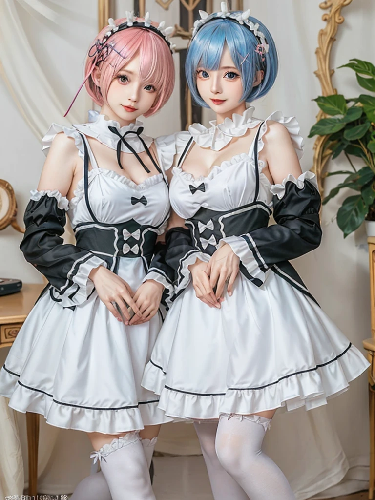 (8K, Photorealistic, Raw photo, of the highest quality: 1.3), (1girl in), Super beautiful, (Realistic face), (boyish, pink Color Berry Shorthair), Beautiful , Glare that captivates the viewer, Beautiful expression, Beautiful breasts, (Realistic skin), Be...Create a detailed and colorful image of Ram and Rem from Re:Zero, standing back-to-back in their maid outfits, with a magical fantasy background、14years old, two girls,cute, perfect face, beautiful, nice body, gothic ta clothes, gothic loliashion, frilly skirt, headdress, necklace, bracelet, knee-high socks, boots, double eyelids, tear bags, Detailed down to the fingers, photo-like description, indoors, dim indoor lighting, one girl is pink hair and short bob, another girl is light blue hair and short bob,standing, sexy posing,whole body, composition that shows the whole body, smiling,The Both of them are wearing the same type of maid outfit,Optimal ratio of 4 fingers and 1 thumb