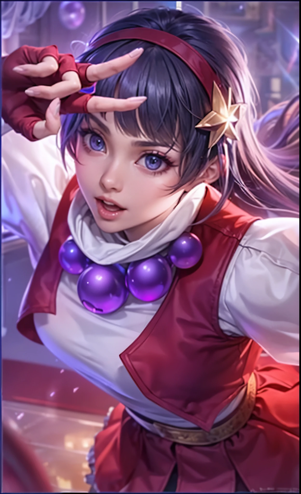 (Masterpiece:1.2), best quality, (illustration:1.2), (ultra-detailed), Eye focus,(Masterfully crafted Glow, pink lens flare), (Cinematic background), hyper details, (delicate detailed), (intricate details), octane render, hdr, (hyperdetailed:1.15), (soft light:1.2), 1girl, star on her head, purple eyes, ultra-detailed eyes, (glowing eyes), purple hair, mature, plump, thick, (supermodel:1.3), indoors, (bioluminescent hair:1.1), ((makeup)),(Cinematic masterpiece), fierce, (Cinematic headlight), ((caustic)), dynamic angle, beautiful detailed glow, ambient occlusion, ambient light, ray tracing, (best illumination, an extremely delicate and beautiful), ((cinematic light)), (soft:2), cleavage:1.2,