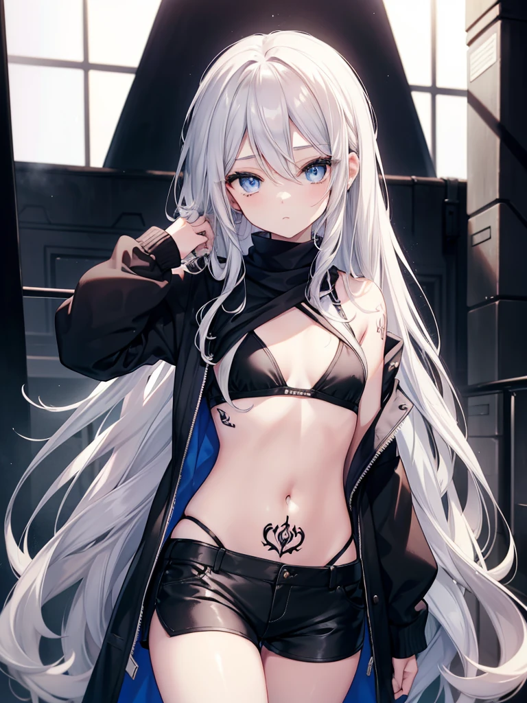 beautiful girl , Latifa , Long silver hair , Beautiful blue eyes , soft skin , She wears a black bra , Black shorts , White short coat , Small tattoo on right hand