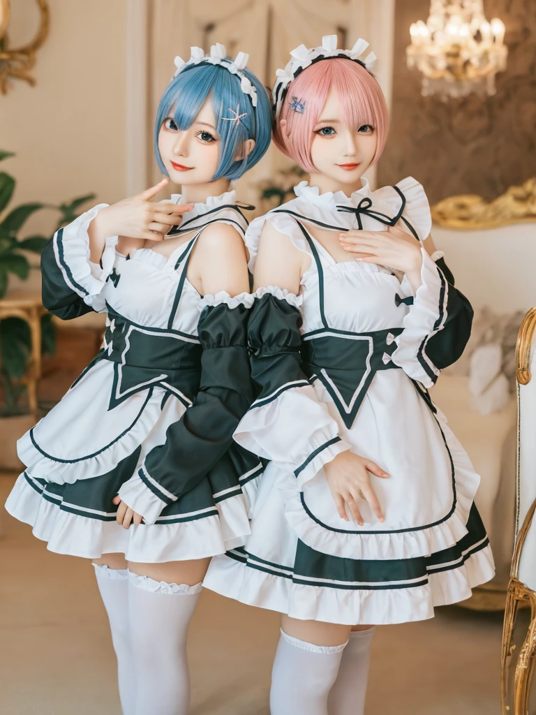 (8K, Photorealistic, Raw photo, of the highest quality: 1.3), (1girl in), Super beautiful, (Realistic face), (boyish, pink Color Berry Shorthair), Beautiful , Glare that captivates the viewer, Beautiful expression, Beautiful breasts, (Realistic skin), Be...Create a detailed and colorful image of Ram and Rem from Re:Zero, standing back-to-back in their maid outfits, with a magical fantasy background、14years old, two girls,cute, perfect face, beautiful, nice body, gothic lolita clothes, gothic lolita fashion, frilly skirt, headdress, necklace, bracelet, knee-high socks, boots, double eyelids, tear bags, Detailed down to the fingers, photo-like description, indoors, dim indoor lighting, one girl is pink hair and short bob, another girl is light blue hair and short bob,standing, sexy posing,whole body, composition that shows the whole body, smiling,The Both of them are wearing the same type of maid outfit,Optimal ratio of 4 fingers and 1 thumb