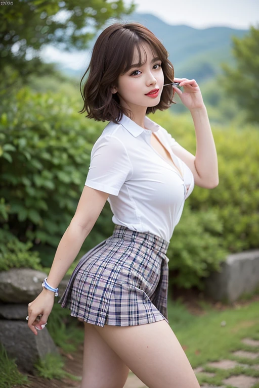 nsfw, 8K raw photo, Best quality, masterpiece, ultra high res, film grain, filmg, 1girl, looking at viewer, natural skin texture, realistic eye and face details, full lips, lipstick, (makeup), red eyeshadow, fluffy short hair, messy hair, smile, close mouth, beautiful legs, tall female, skinny, slim_legs, solo, enormous breast, cleavage, Pose with buttocks facing you, ultra short skirt, ass, shirt, beautiful nature location, around flower location, (detailed background), plaid skirt, white shirt, enormous breast, cleavage, Show a little cleavage through the shirt, loafers, blurry background, blurry, holding, plaid, short sleeves, jk ribbon on the neck, jk ribbon, brown hair, bracelet, water, bangs, , jewelry, parted lips, lips, from side, pleated skirt, depth of field